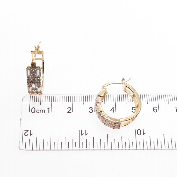 925 Sterling Silver Gold Plated Emerald & Round-Cut C Z Hoop Earrings - Picture 4 of 9